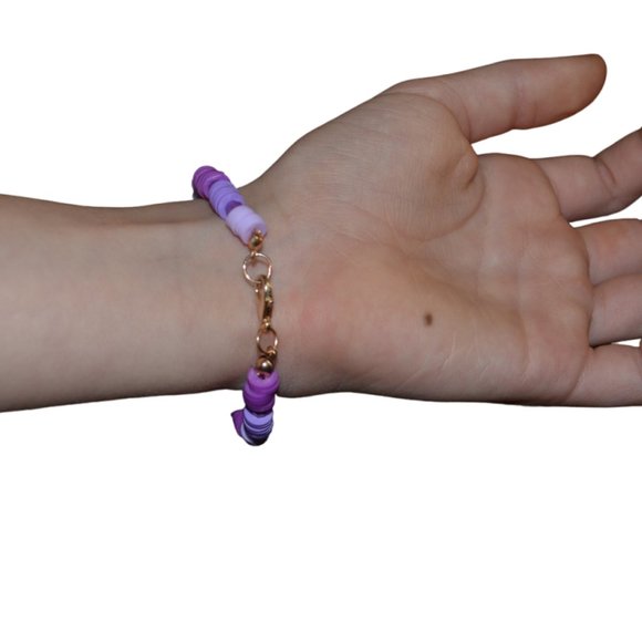 Handmade Clay Beads Elastic Kids Bracelet Purple Smile Image 2.5 length/half - Picture 2 of 5